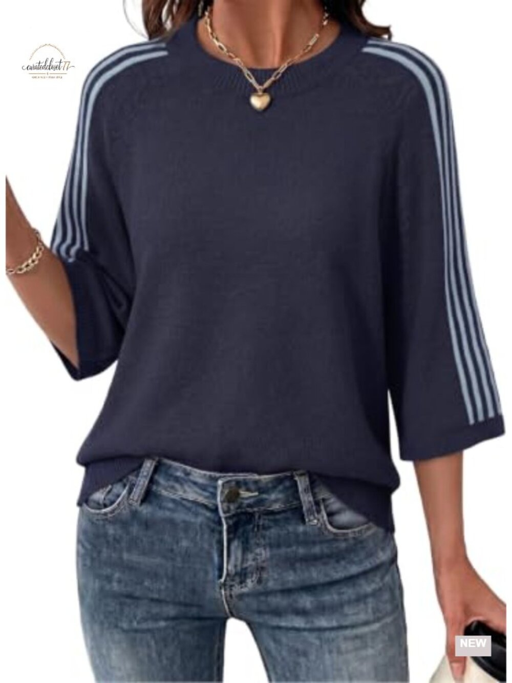 Oversized Cropped 3/4 Sleeve Knit Sweater Women Crew Neck Pullover